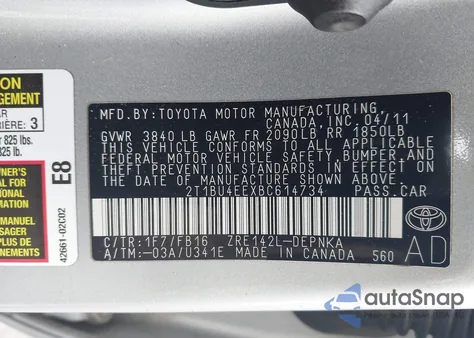 2011 Toyota Corolla Le from USA, damaged, VIN 2T1BU4EEXBC614734